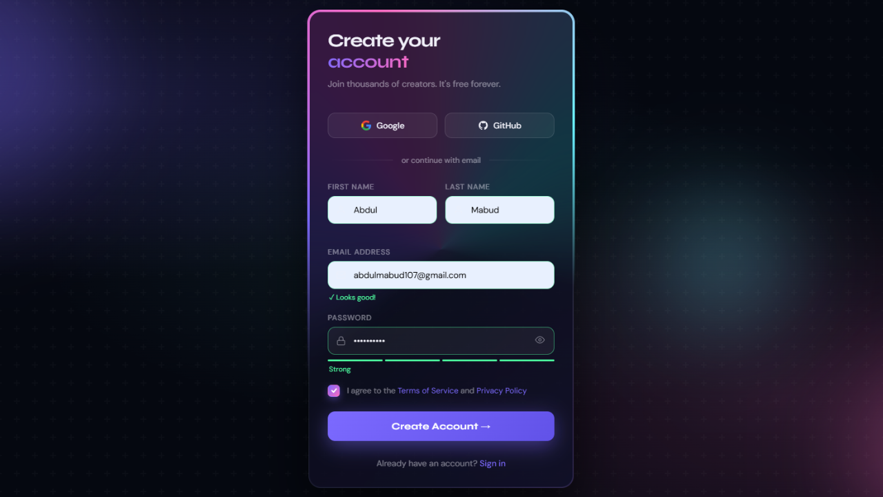 animated sign up form preview